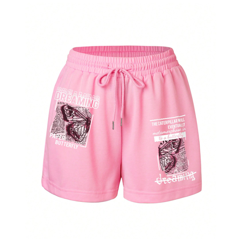 Pantalones cortos deportivos INAWLY con estampado de mariposa y eslogan, con cordón ajustable en la cintura.