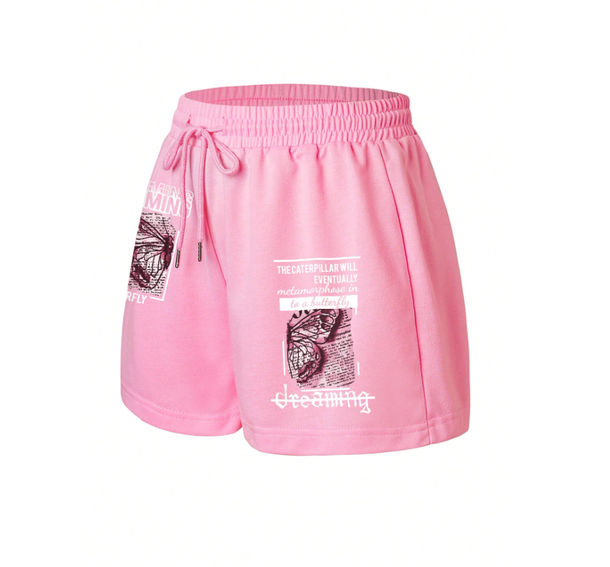 Pantalones cortos deportivos INAWLY con estampado de mariposa y eslogan, con cordón ajustable en la cintura.
