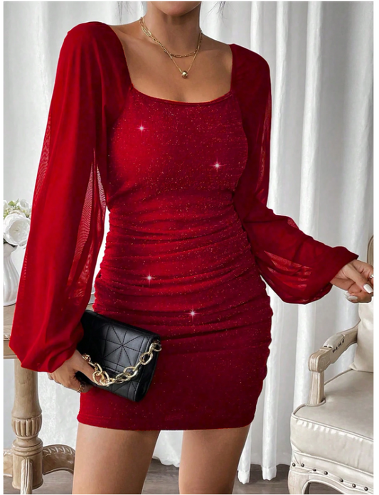TRENDS Chiquease Vestido Plisado Con Mangas De Linterna Y Brillo