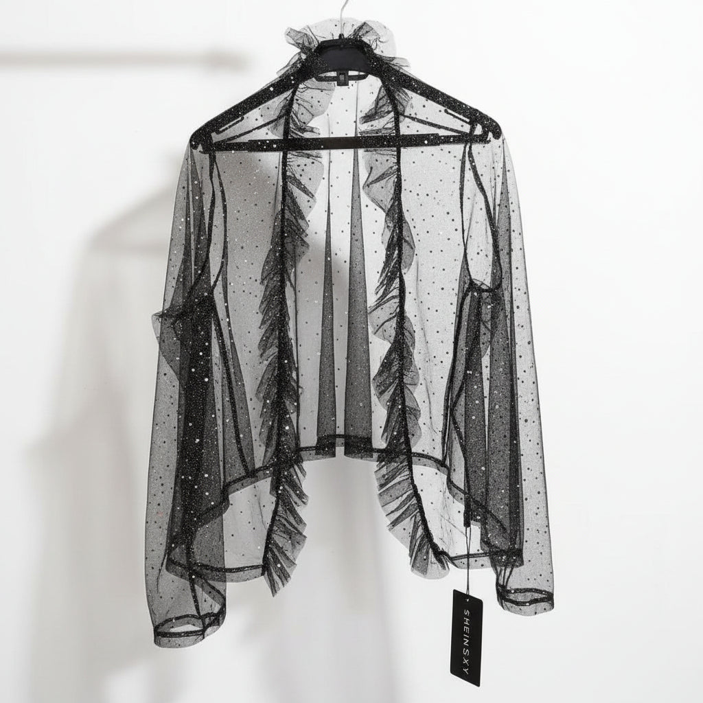 Blusa de malla con detalles - Negra con Volantes tendencia Bedazzling