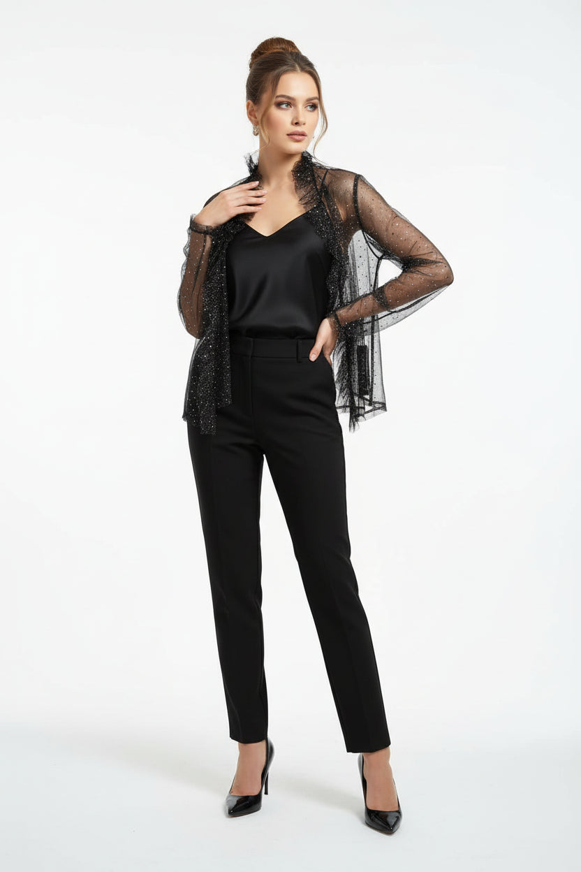 Blusa de malla con detalles - Negra con Volantes tendencia Bedazzling