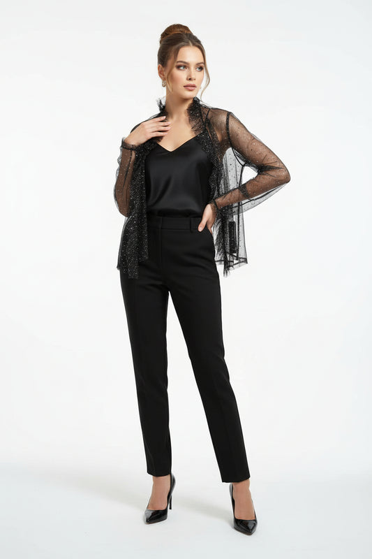 Blusa de malla con detalles - Negra con Volantes tendencia Bedazzling